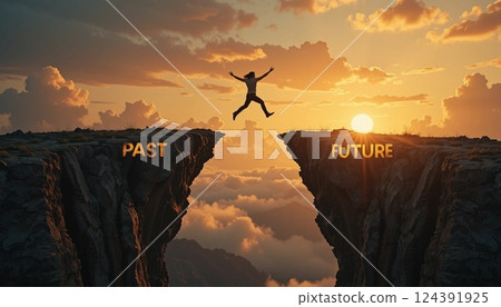 Silhouette Man Jumping from Past to Future on Cliff with Sunset Sky | Concept of Progress and Change. 124391925
