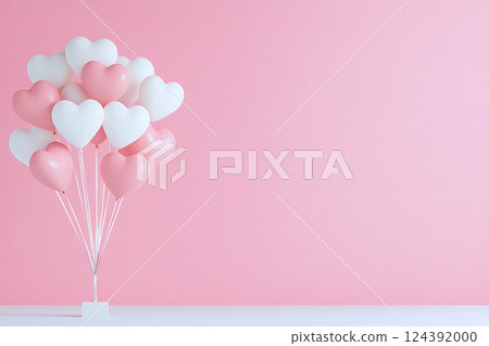 Romantic heart shaped balloons float against a soft pink white gradient, playful vibes 124392000