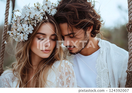 Rustic swing in a meadow, soft floral hues, a couple savoring First Love's gentle pastoral romance 124392007