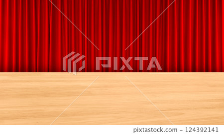 An empty wooden table stands out against a red curtain background. An empty wooden table stands out against a red curtain background. 124392141