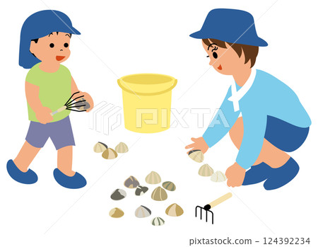 Shellfish Digging Illustration 03 Mom and Boy 124392234