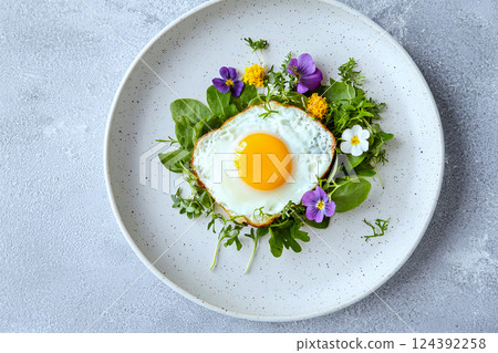Egg dish packed with protein,styled with edible flowers and micro greens on a textured ceramic plate 124392258