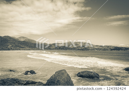 Praia Lopes Mendes beach on tropical island Ilha Grande Brazil. Praia Lopes Mendes beach on tropical island Ilha Grande Brazil. 124392424