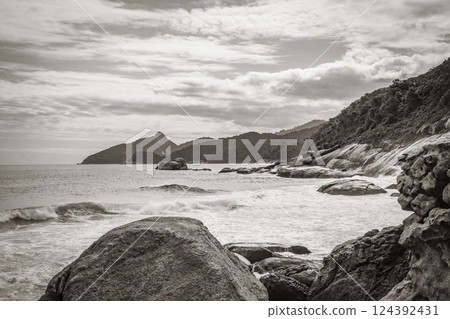 Praia Lopes Mendes beach on tropical island Ilha Grande Brazil. Praia Lopes Mendes beach on tropical island Ilha Grande Brazil. 124392431