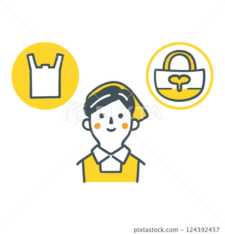 Store clerk encouraging customers to choose between plastic bags and eco bags Stock illustration Store clerk encouraging customers to choose between plastic bags and eco bags Stock illustration 124392457