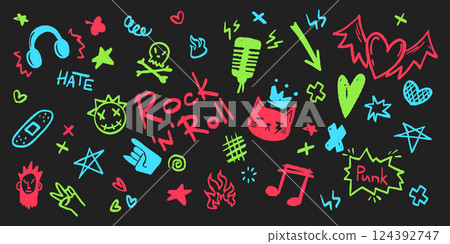 Neon punk rock doodle icons Neon punk rock doodle icons 124392747