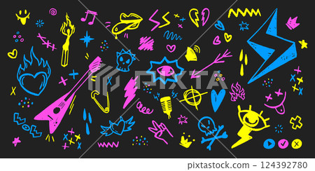 Color punk rock icons set isolated on black Color punk rock icons set isolated on black 124392780