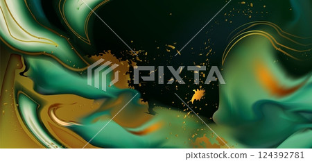 Abstract turquoise, golden watercolor pattern 124392781