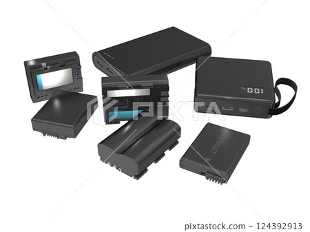 Mobile battery, digital camera, digital video camera, battery (3DCG image) white background 124392913