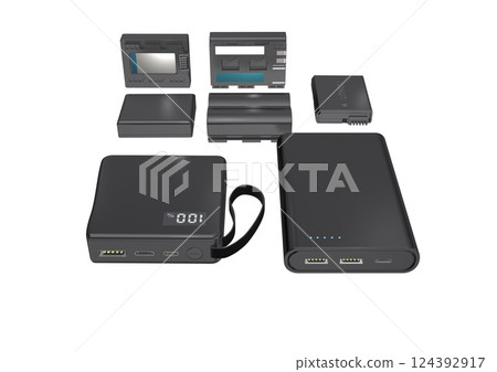 Mobile battery, digital camera, digital video camera, battery (3DCG image) white background 124392917