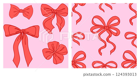 Coquette seamless pattern Red Ribbon Bow. Pretty Girly bows on pink background. Trendy feminine romantic art for greeting cards, textile, fabric, wallpaper, wrapping. Vector Illustration. Coquette seamless pattern Red Ribbon Bow. Pretty Girly bows on pink background. Trendy feminine romantic art for greeting cards, textile, fabric, wallpaper, wrapping. Vector Illustration. 124393013