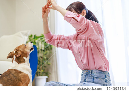 Woman giving a treat to a dog Woman giving a treat to a dog 124393184