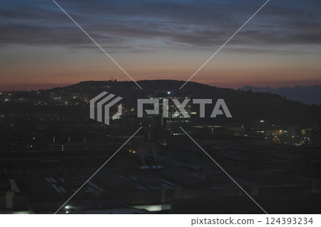 Barcelona Montjuic silhouette at dawn 124393234