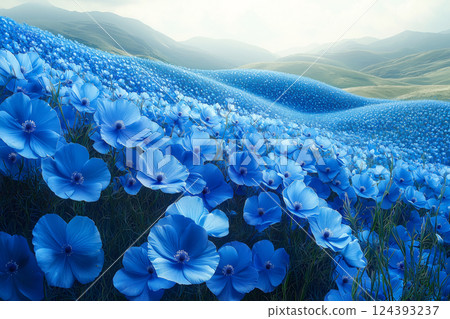 A fantastical hill landscape with blue flowers A fantastical hill landscape with blue flowers 124393237