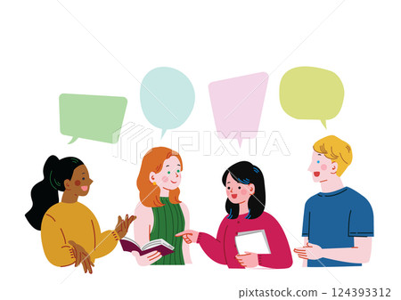 Japanese women discussing in groups with friends while studying abroad 124393312