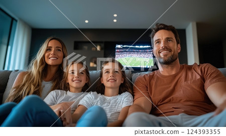 Family watching sports on tv at home 124393355