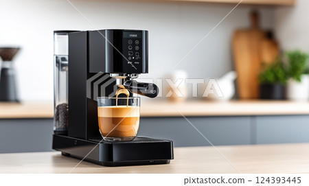 Modern black coffee machine brewing in kitchen 124393445