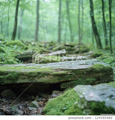 Mossy forest path tranquil nature scene 124393460