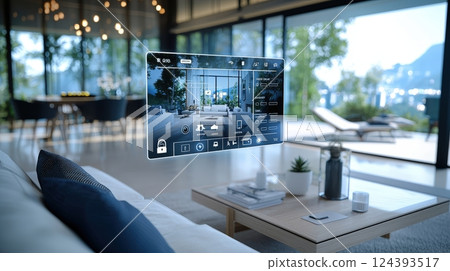 Smart home control panel in modern living room 124393517