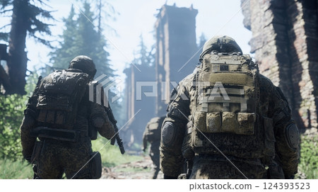 Soldiers in war-torn forest, walking away from ruins Soldiers in war-torn forest, walking away from ruins 124393523