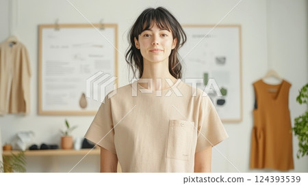Sustainable fashion designer in studio. 124393539