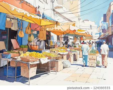 Vibrant mediterranean market watercolor sunny day fruit stalls 124393555