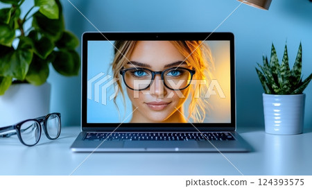 Woman with glasses on laptop screen, desk setup 124393575