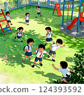 Children playing on playground equipment in the schoolyard after school 124393592