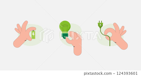 Set of Hand Holding battery, light bulb and plug. Green Energy concept icons. Sustainability, ecology and environment Development concept. Vector Illustration. Set of Hand Holding battery, light bulb and plug. Green Energy concept icons. Sustainability, ecology and environment Development concept. Vector Illustration. 124393601
