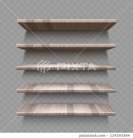 Wooden Shelves with Shadow on Transparent Background. Vector Mockup Wooden Shelves with Shadow on Transparent Background. Vector Mockup 124393844