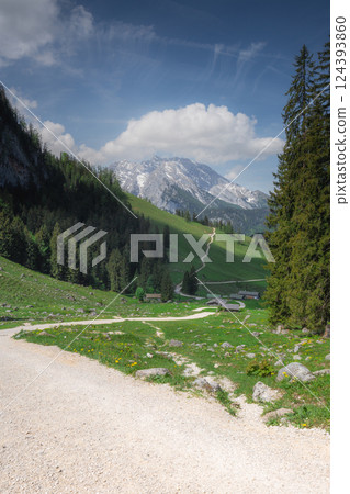 Mountain valley with tracks near Jenner mount in Berchtesgaden National Park Mountain valley with tracks near Jenner mount in Berchtesgaden National Park 124393860