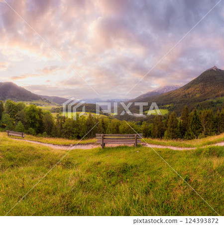 Meadow with road and bench during sunset in Berchtesgaden National Park 124393872