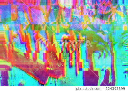 Vibrant Glitch Art in Neon Blue, Orange, Pink for 80s, Y2K Aesthetic 124393899