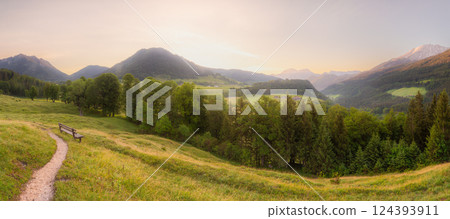 Meadow with road and bench during sunset in Berchtesgaden National Park Meadow with road and bench during sunset in Berchtesgaden National Park 124393911