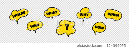 Banner with question what, how, why, what and where. Business web banner. Place for your text. Ask and question mark sign. Communication inclusion people concept. Vector illustration. 124394055