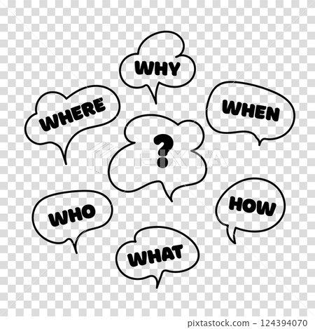 Question who, what, how, why, for what and where. Speech bubble with ask. Doodle vector illustration on transparent background. Vector illustration. 124394070