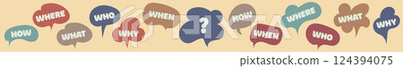 Communication inclusion people concept. Question who, what, how, why, for what and where. Vector illustration. Speak english. Think about. Doodle and flat style. 124394075