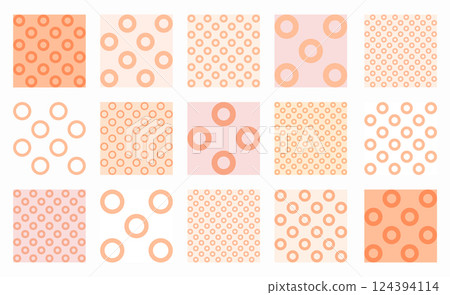 Soft, seamless vector patterns in Peach Fuzz, featuring rings and circles in various grid styles. Perfect for gentle backgrounds, textiles, wallpapers, and projects with a minimal, warm aesthetic 124394114