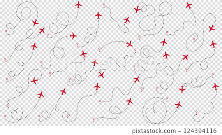 Airplane or aeroplane routes path set. Travel concept from start point and dotted line tracing. Aircraft tracking, plane path, travel, map pins, location pins. Vector illustration. Transparent bg. Airplane or aeroplane routes path set. Travel concept from start point and dotted line tracing. Aircraft tracking, plane path, travel, map pins, location pins. Vector illustration. Transparent bg. 124394116