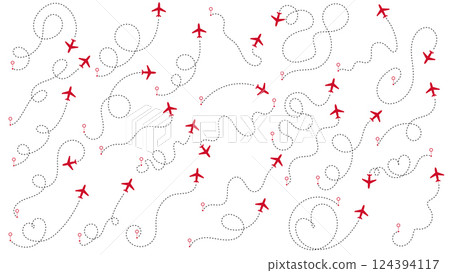 Airplane or aeroplane routes path set. Travel concept from start point and dotted line tracing. Aircraft tracking, plane path, travel, map pins, location pins. Vector illustration. White background. Airplane or aeroplane routes path set. Travel concept from start point and dotted line tracing. Aircraft tracking, plane path, travel, map pins, location pins. Vector illustration. White background. 124394117