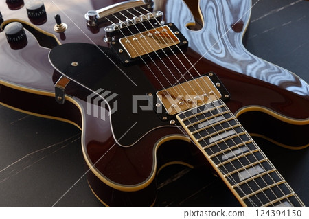 A semi-hollow electric guitar with a distinctive semi-acoustic structure. 124394150