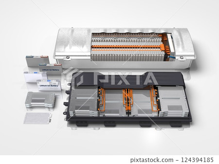 Car battery, battery cell, battery pack, battery module (3DCG image) Car battery, battery cell, battery pack, battery module (3DCG image) 124394185