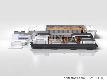 汽車電池、電池單元、電池組、電池模組（3DCG 圖像） 124394186