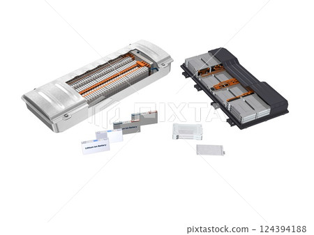 汽車電池、電池單元、電池組、電池模組（3DCG 圖像）白色背景 124394188