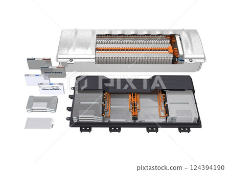 汽車電池、電池單元、電池組、電池模組(3DCG 圖像)白色背景 汽車電池、電池單元、電池組、電池模組(3DCG 圖像)白色背景 124394190