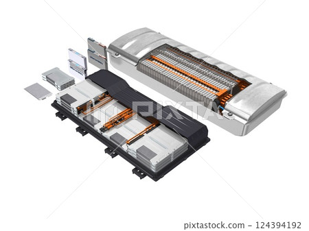 Car battery, battery cell, battery pack, battery module (3DCG image) on white background 124394192