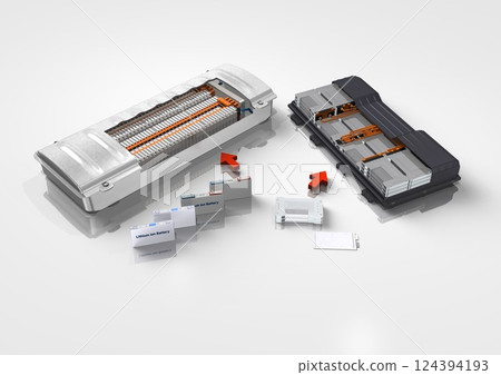 Car battery, battery cell, battery pack, battery module (3DCG image) with arrow Car battery, battery cell, battery pack, battery module (3DCG image) with arrow 124394193
