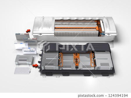 Car battery, battery cell, battery pack, battery module (3DCG image) with arrow 124394194