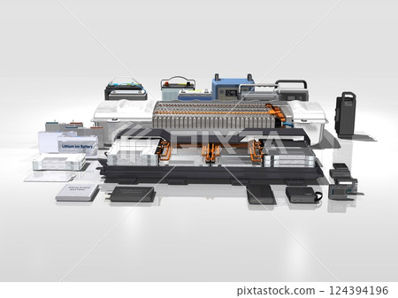 Portable power source All-solid-state battery Many batteries for electric bicycles, mobile phones, cars, digital cameras, etc. (3DCG image) 124394196