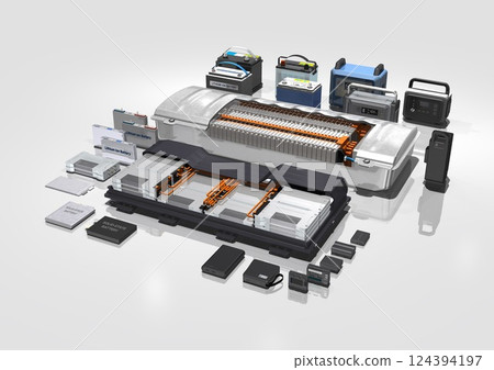 Portable power source All-solid-state battery Many batteries for electric bicycles, mobile phones, cars, digital cameras, etc. (3DCG image) Portable power source All-solid-state battery Many batteries for electric bicycles, mobile phones, cars, digital cameras, etc. (3DCG image) 124394197